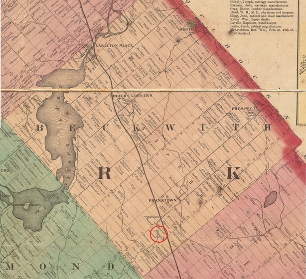 Beckwith Township with Campbell Farm (red circle) and McGregor Home (green circle)