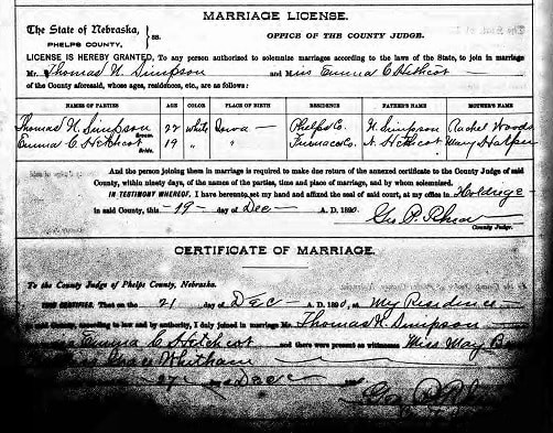 Emma Hethcot & Thomas Simpson Marriage Licence 1890